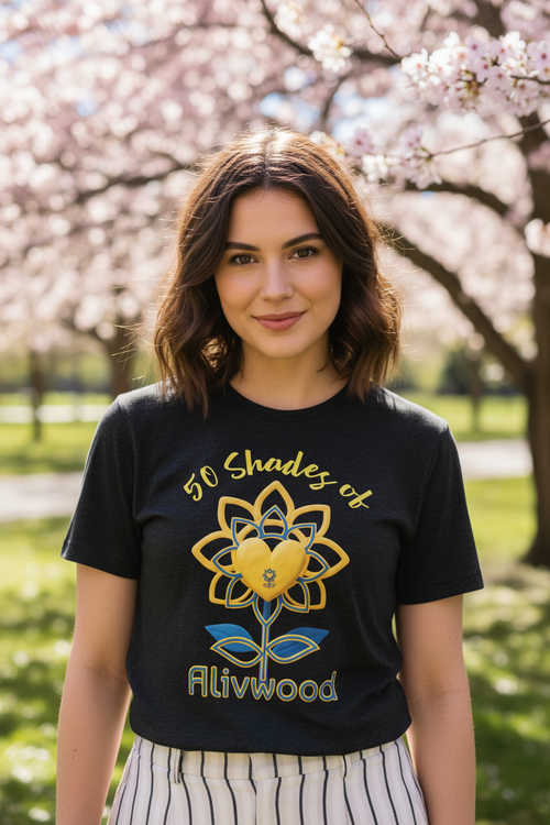 Person wearing a black t-shirt with a colorful design and text, standing outdoors with cherry blossom trees in the background.