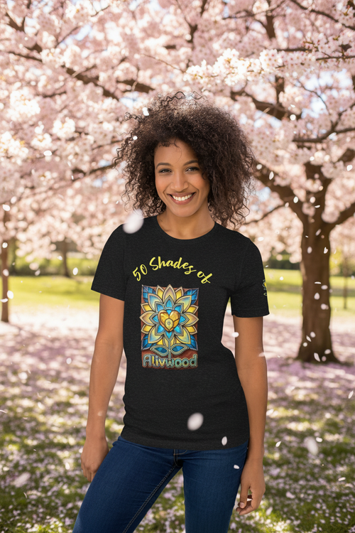 Person wearing a black t-shirt with a colorful design and text, standing in a park with cherry blossoms.