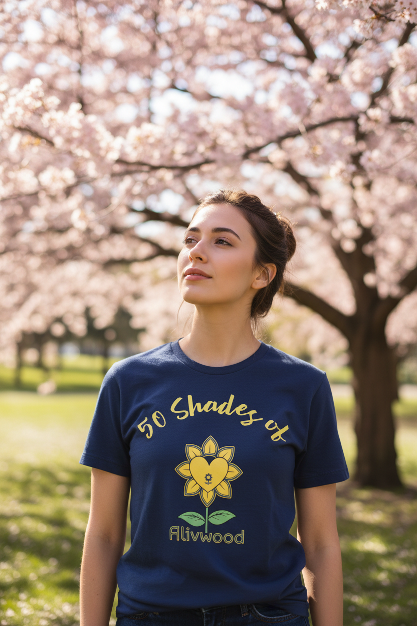 Person wearing a blue t-shirt with a yellow flower design and text, standing in front of cherry blossom trees.
