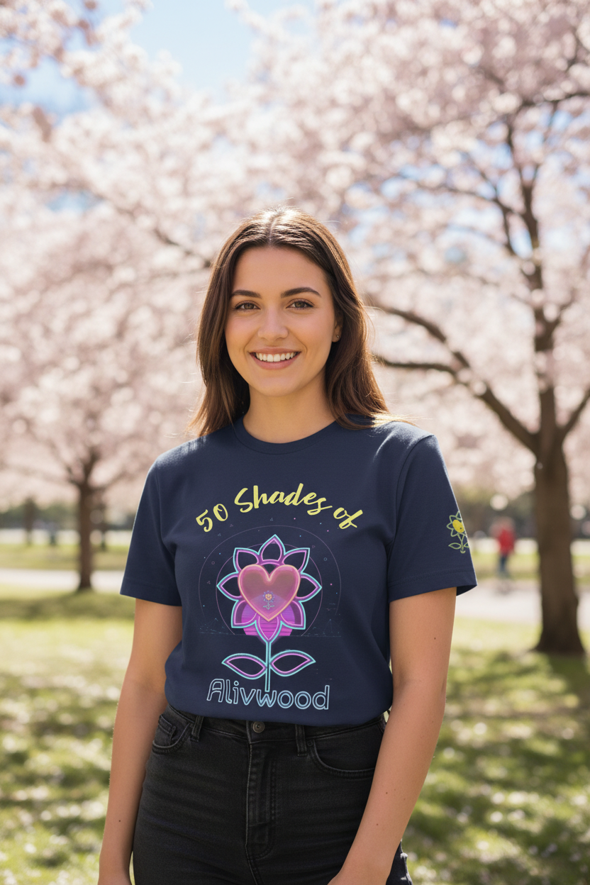 Woman wearing a navy blue t-shirt with a flower design and text, standing in a park with cherry blossom trees.