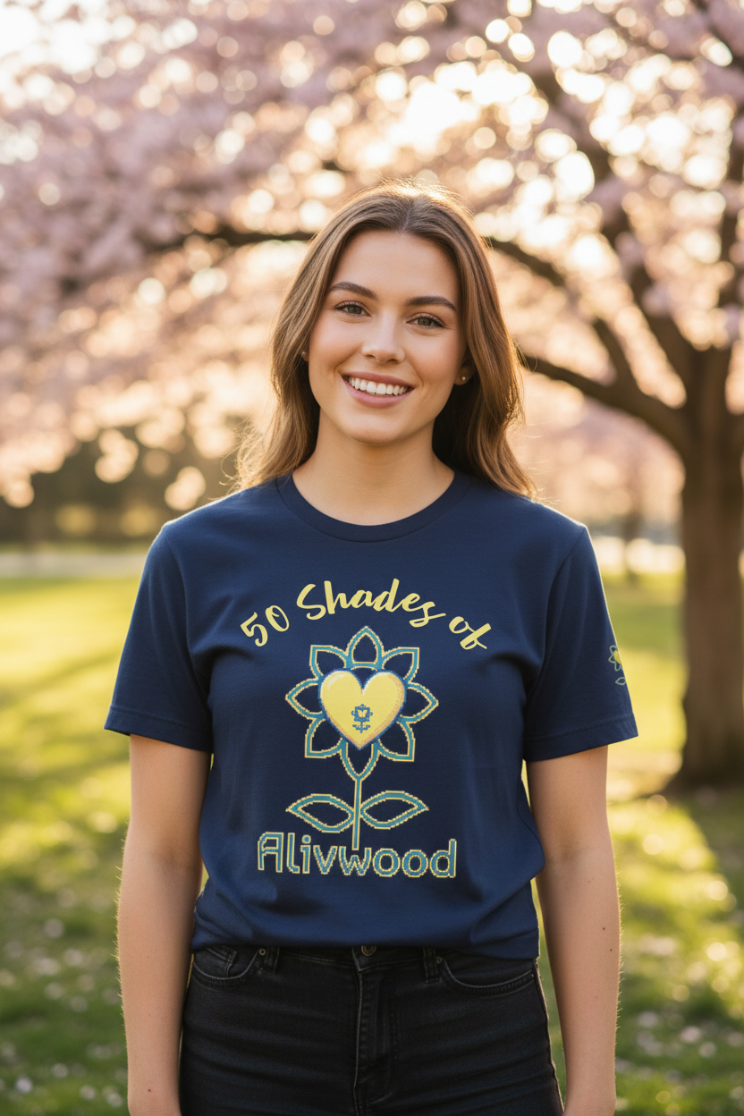 Woman wearing a blue t-shirt with '50 Shades of Alivwood' design in a park setting