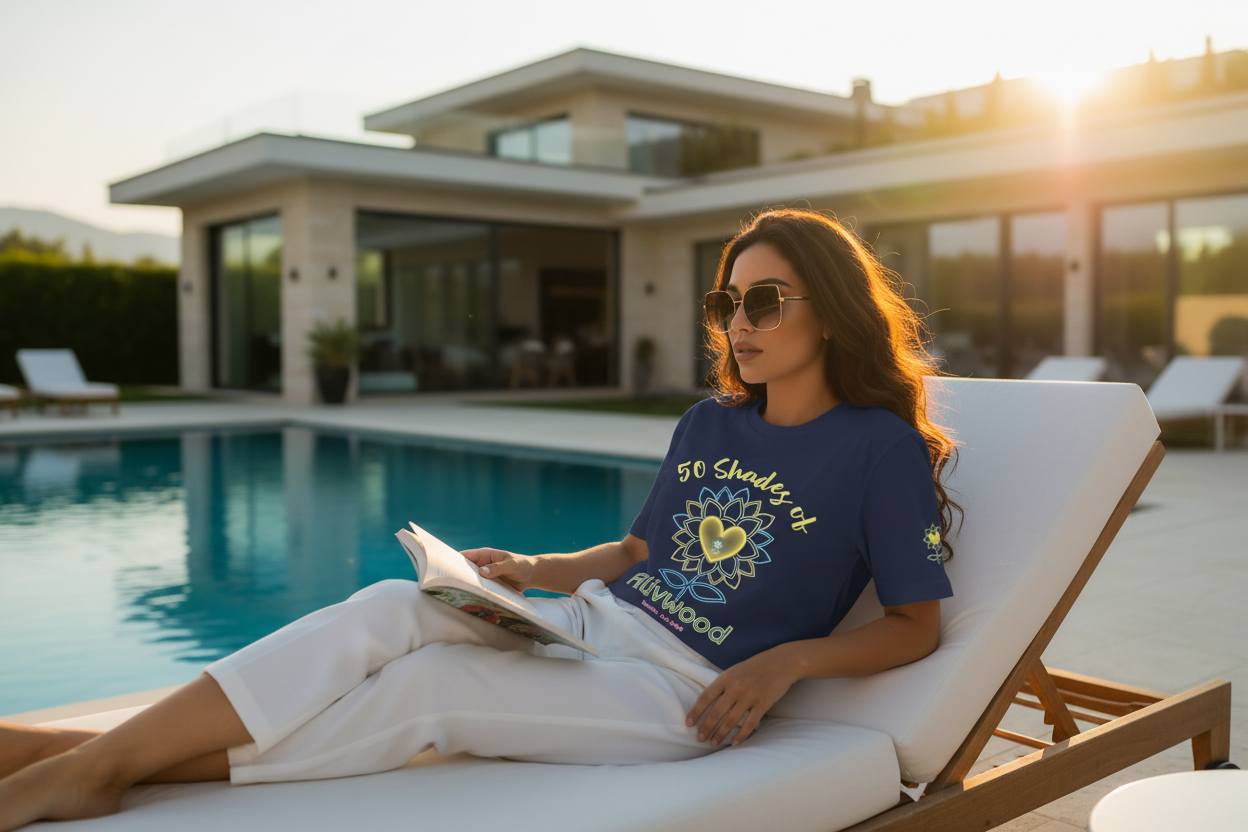Woman relaxing on a lounge chair by a pool with a scenic background