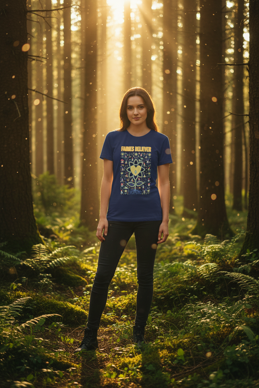 Woman standing in a forest with sunlight filtering through the trees, wearing a blue t-shirt.
