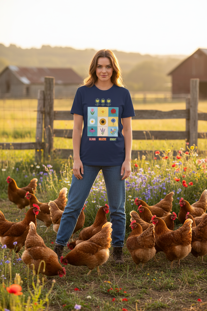 Woman standing with chickens in a field wearing a colorful t-shirt.