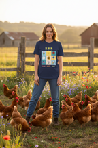 Woman standing with chickens in a field wearing a colorful t-shirt.