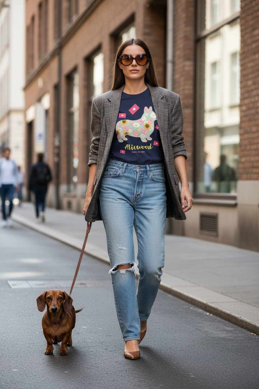 Woman walking a dachshund on a city street