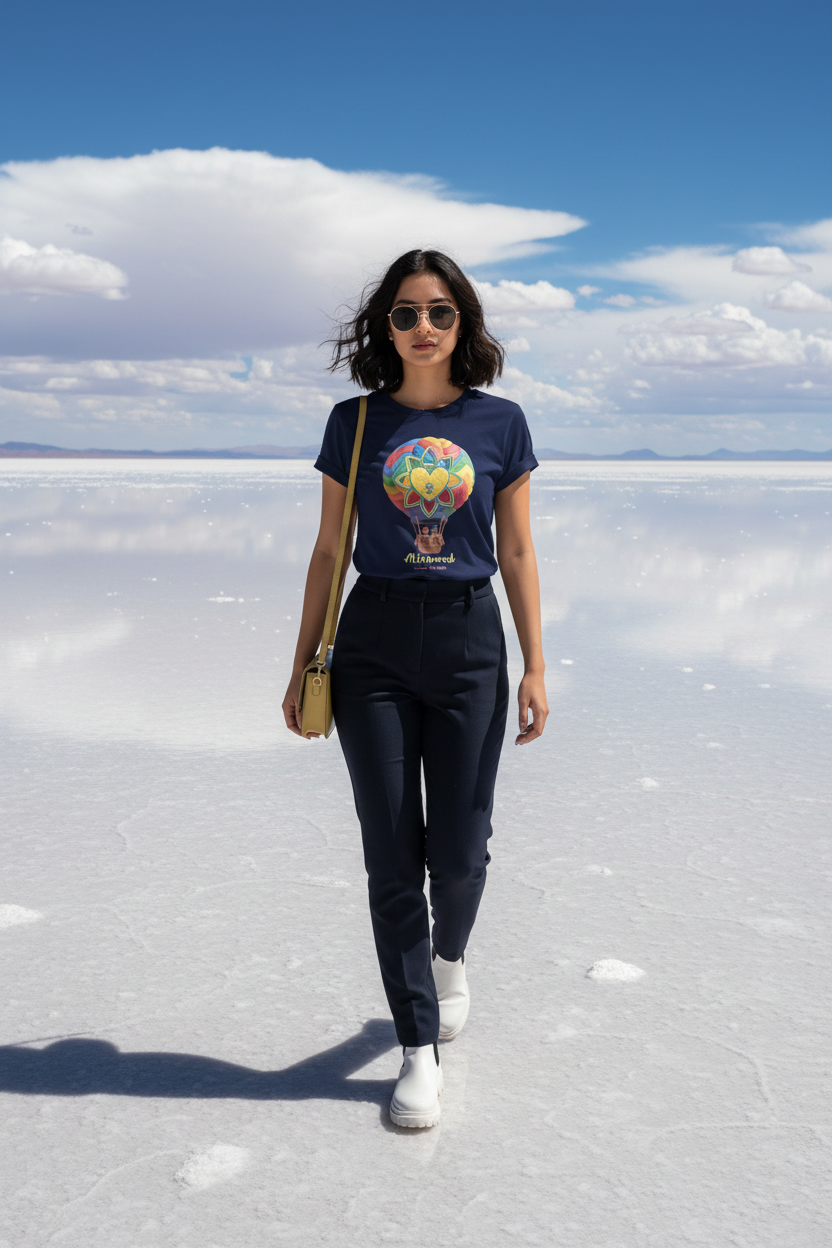 Woman standing on a salt flat wearing a colorful graphic t-shirt and sunglasses with a blue sky and clouds in the background.