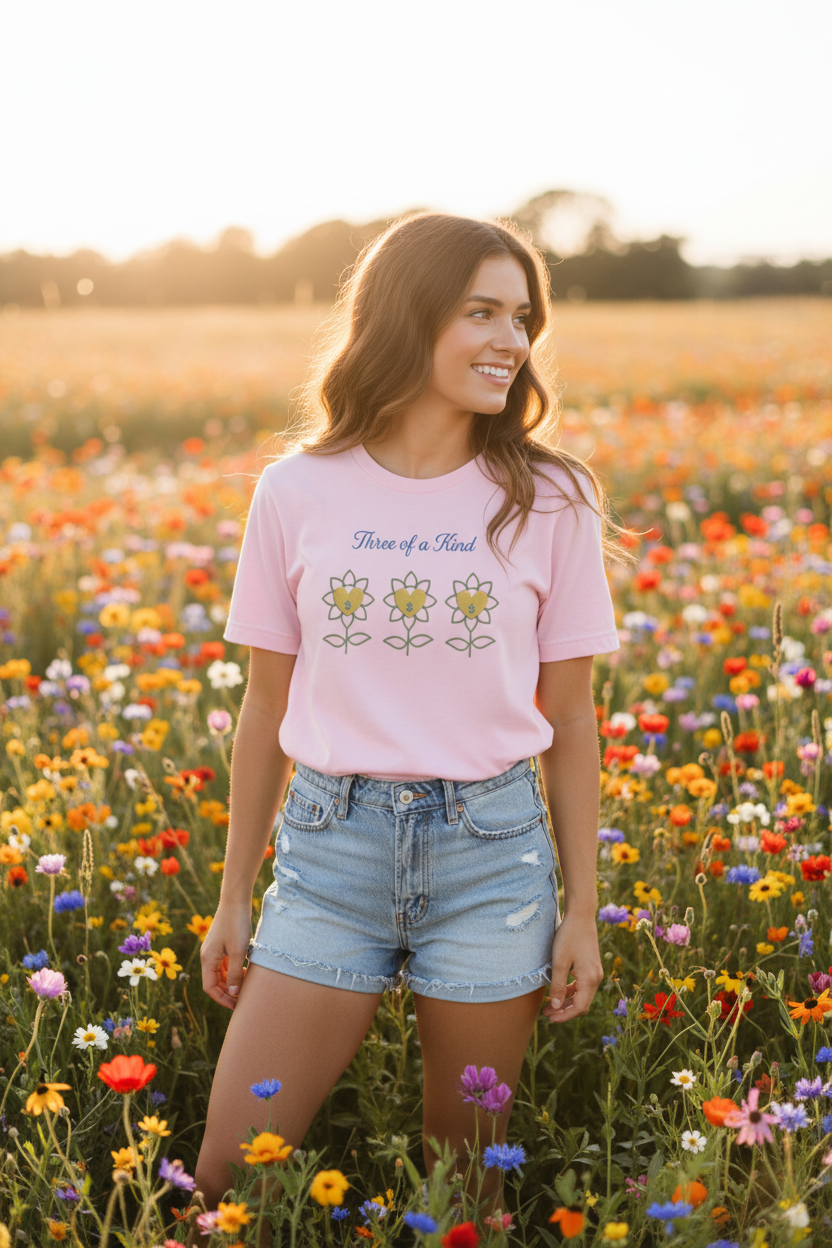 Woman in a pink t-shirt with floral design standing in a field of flowers.