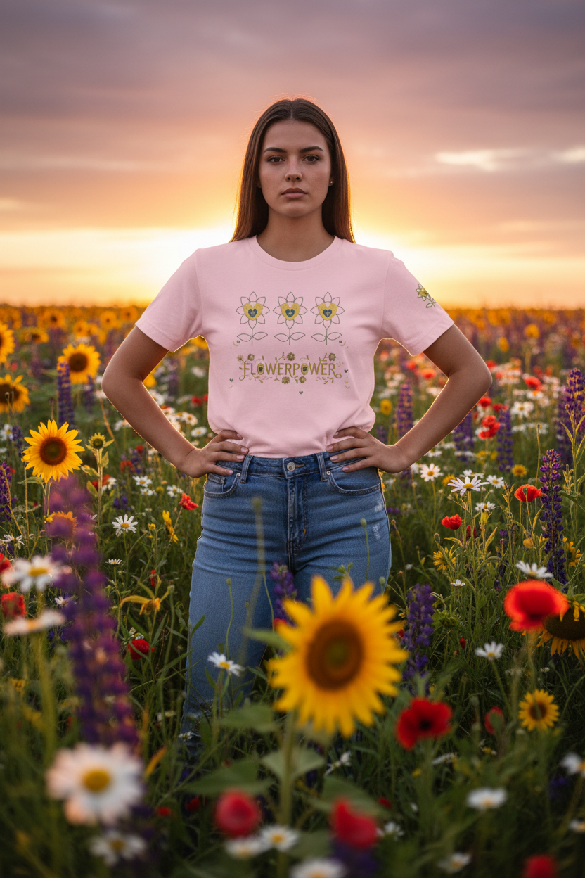 Woman wearing a pink t-shirt with a floral design in a field of flowers at sunset.