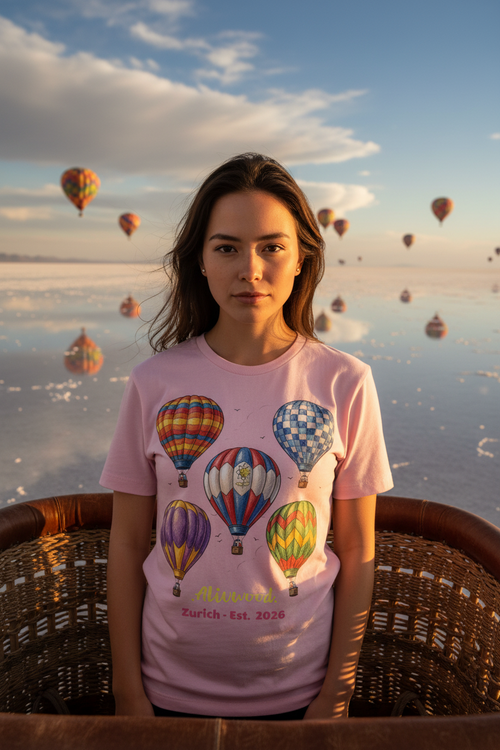 Woman wearing a pink t-shirt with colorful hot air balloon design, standing in a hot air balloon basket with balloons in the background.