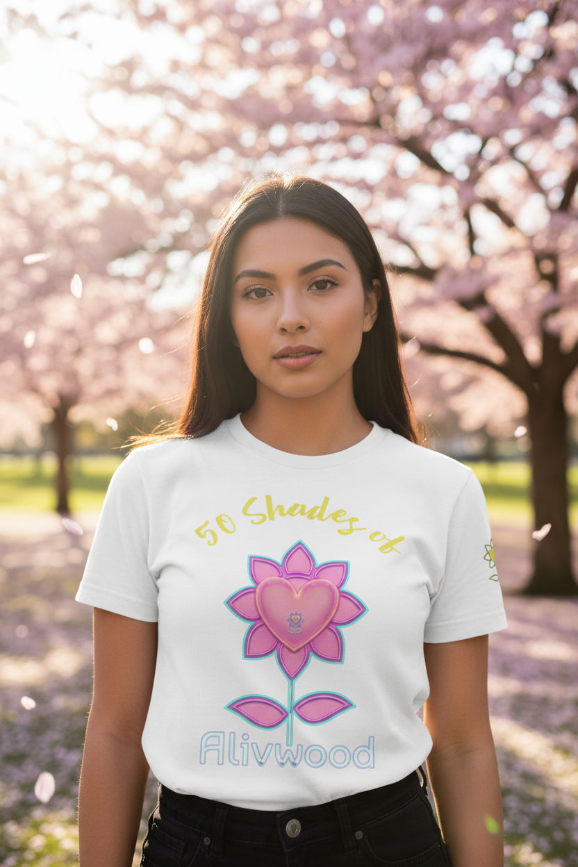 Woman wearing a white t-shirt with a colorful flower design and text, standing in a cherry blossom garden.