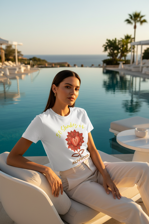 Woman sitting by a pool wearing a white t-shirt with a red flower design.