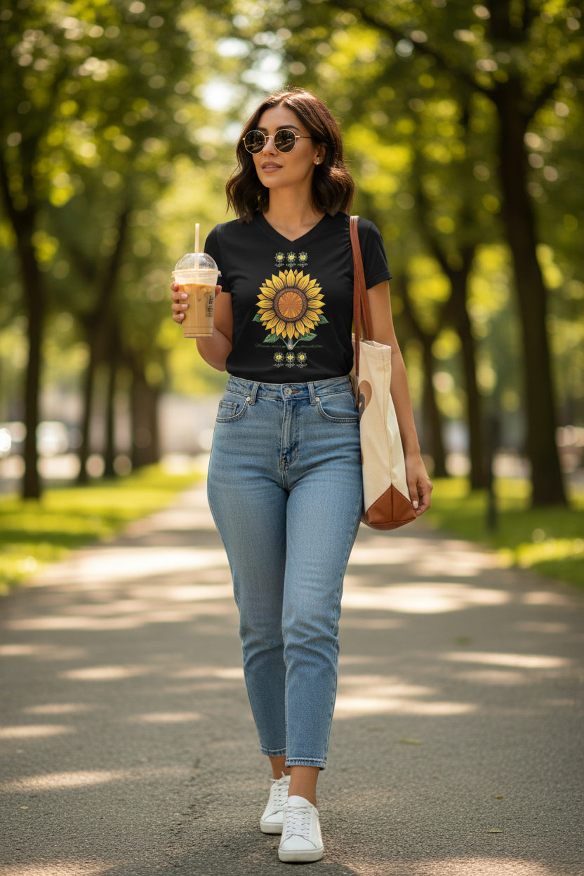 Woman walking outdoors holding a coffee cup, wearing a black t-shirt with a sunflower design and blue jeans.