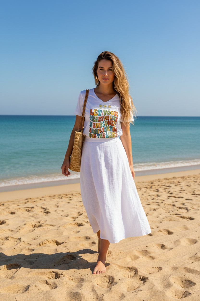 Woman standing on a beach wearing a colorful graphic t-shirt and white skirt with a blue sky and ocean in the background.