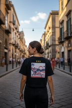 Woman walking down a street wearing a black t-shirt with a graphic design on the back.