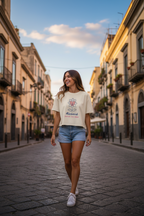 Rose Palette Woman on beach women’s crop top with relaxed fit, dropped shoulders, cropped cut, and floral graphic