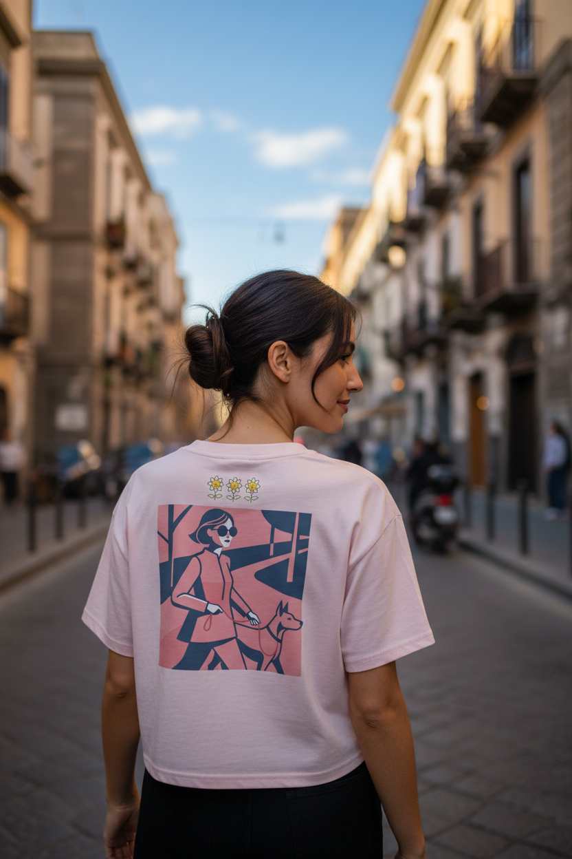 Rose Palette Woman with dog women’s crop top in combed cotton with relaxed fit and cropped cut