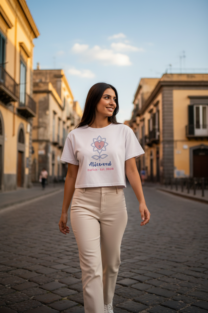 Rose Palette Woman Reading women's crop top in combed cotton with relaxed fit and dropped shoulders