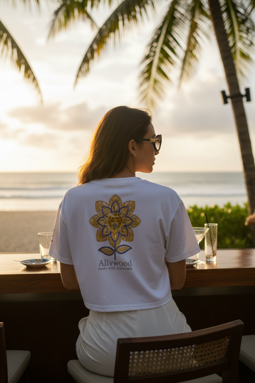 Person wearing a white t-shirt with a floral design and 'Allwood' branding, sitting at a table with palm trees and sunset in the background.