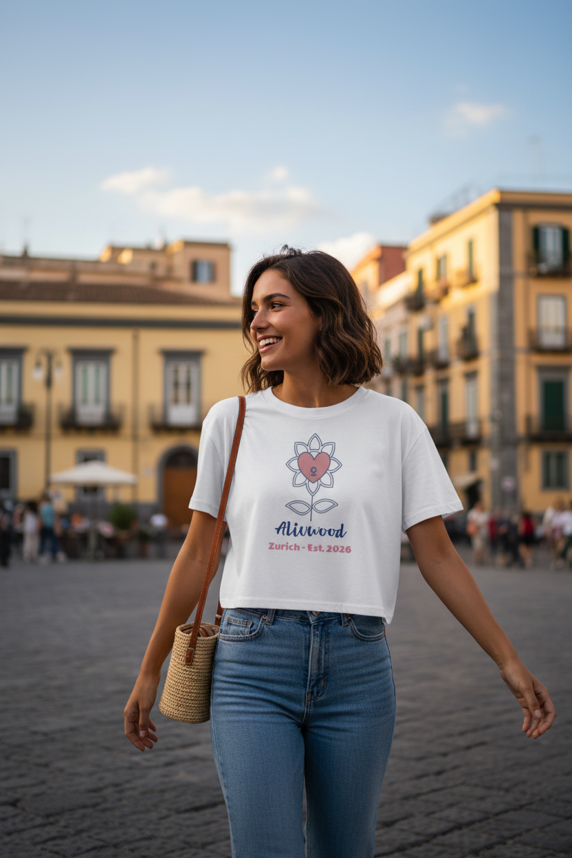 Woman wearing a white t-shirt with a design and text, standing in an outdoor setting with buildings and people in the background.