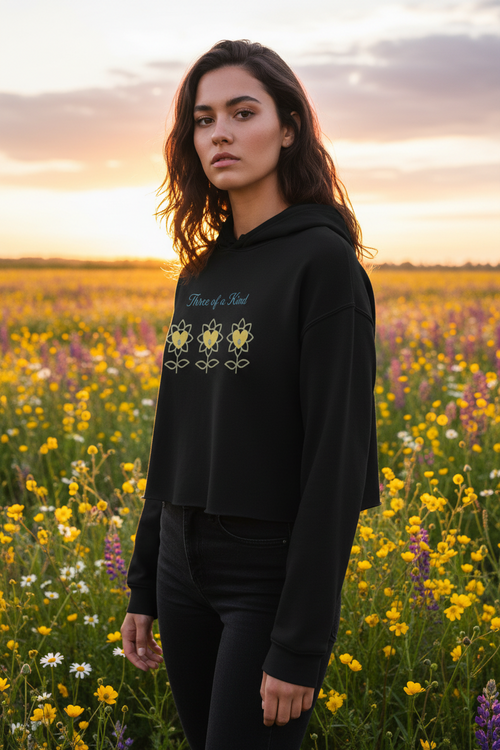 Woman wearing a black hoodie with floral designs in a field of flowers at sunset