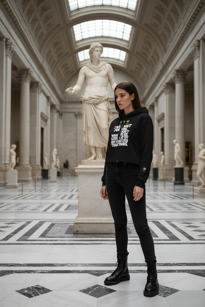 woman in museum with nice sweaer