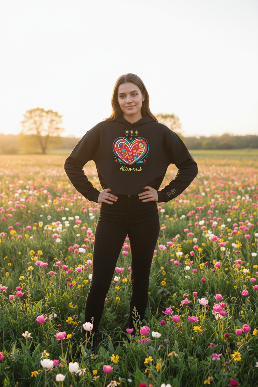 Person wearing a black sweatshirt with a colorful heart design in a field of flowers