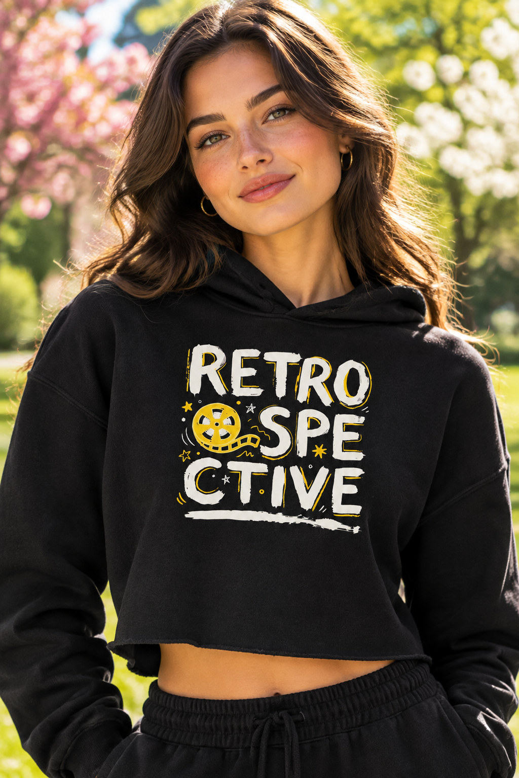 A woman wearing a black cropped hoodie with a bold graphic that reads 'RETRO SPECTIVE' in white and yellow, photographed outdoors in a sunny park setting.