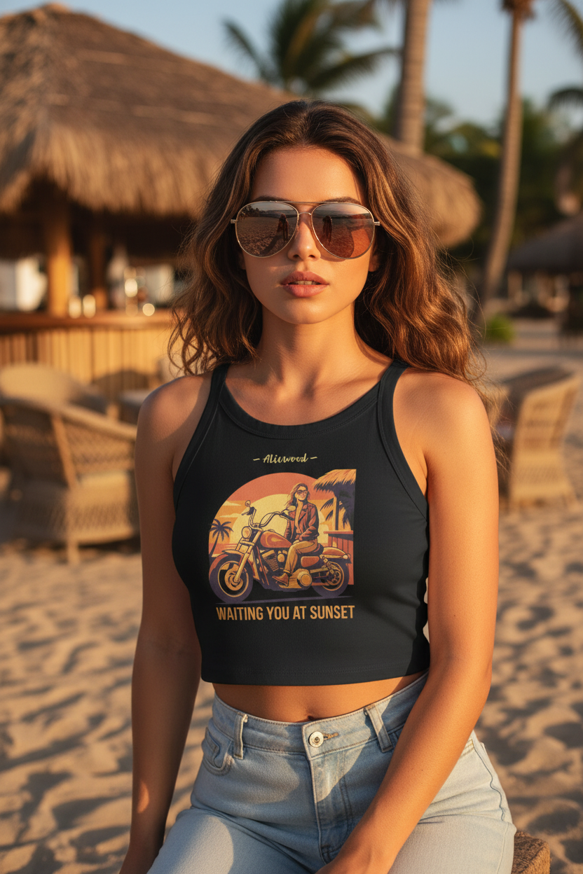 Woman wearing a black tank top with a graphic design on a beach.