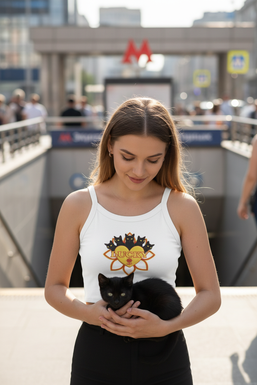 A woman in a white tank top with a colorful graphic print holds a small black cat in a subway station. The graphic features a stylized bird logo with the word 'EUREKHA' in a circular frame.