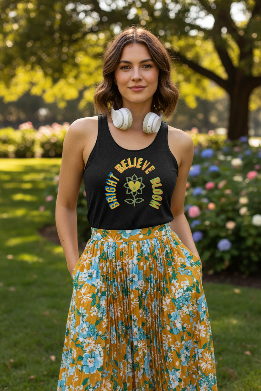 Woman wearing a black tank top with a floral design and a yellow skirt in a park setting.
