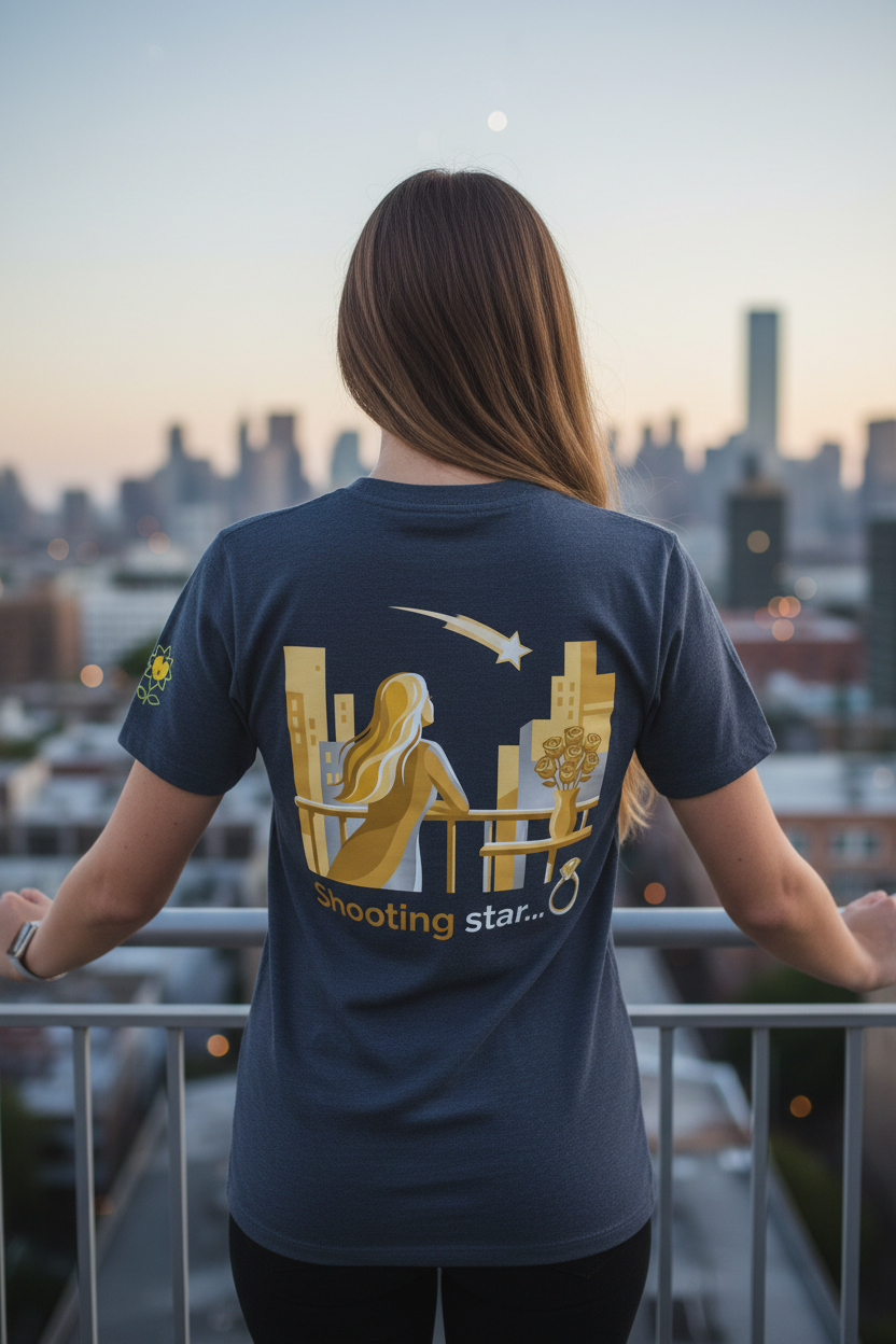 Person wearing a navy blue t-shirt with a graphic design, standing on a rooftop with a cityscape in the background.