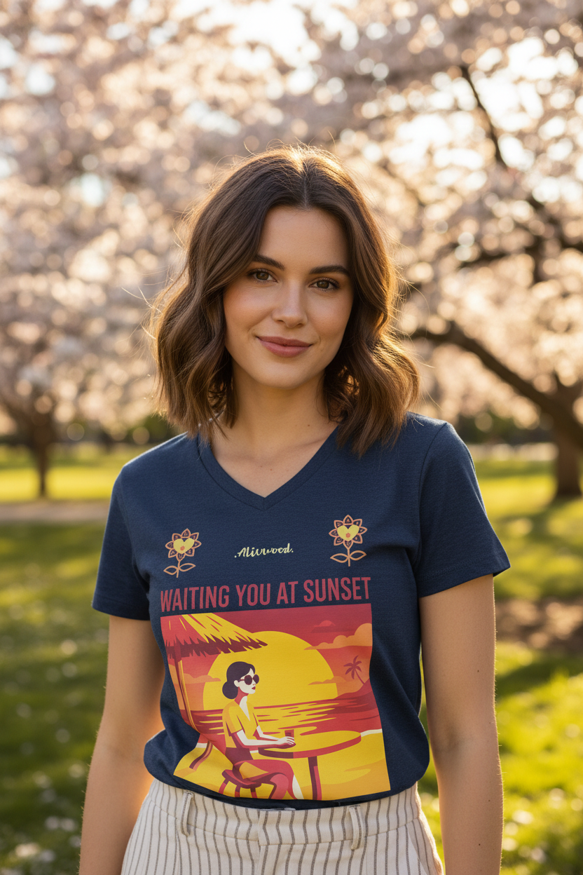 Woman wearing a blue t-shirt with a graphic design in a park with cherry blossom trees.