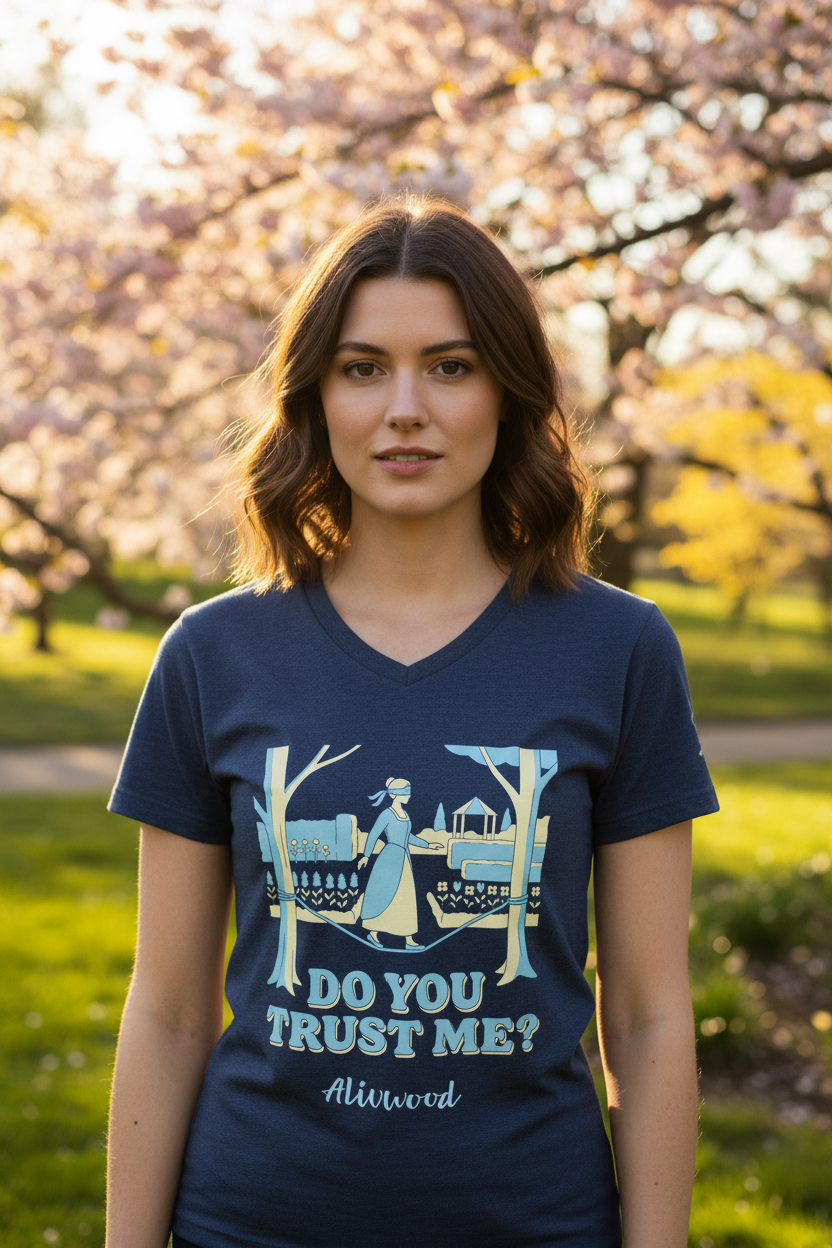 Woman wearing a navy blue t-shirt with a graphic and text, standing in a park with cherry blossom trees.