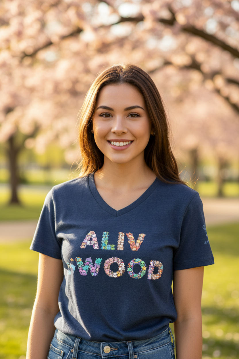 Woman wearing a blue t-shirt with 'ALIV WOOD' printed on it, standing in a park with cherry blossom trees.