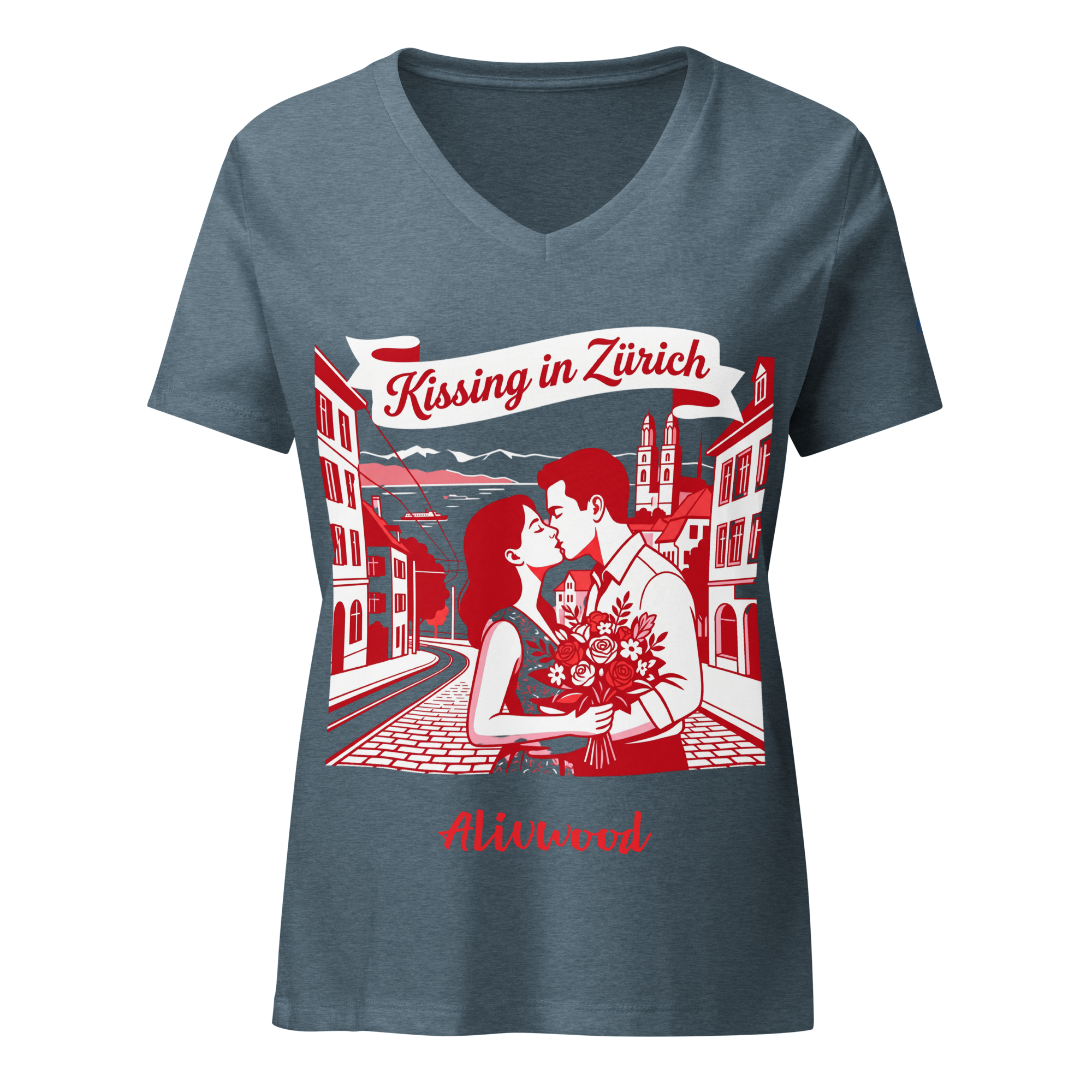 Kissing in Zurich Women’s relaxed v-neck t-shirt - Alivwood