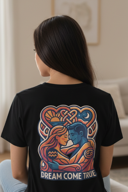 A woman viewed from behind wearing a black t-shirt with a large colorful graphic on the back showing a couple and the text 'DREAM COME TRUE'.