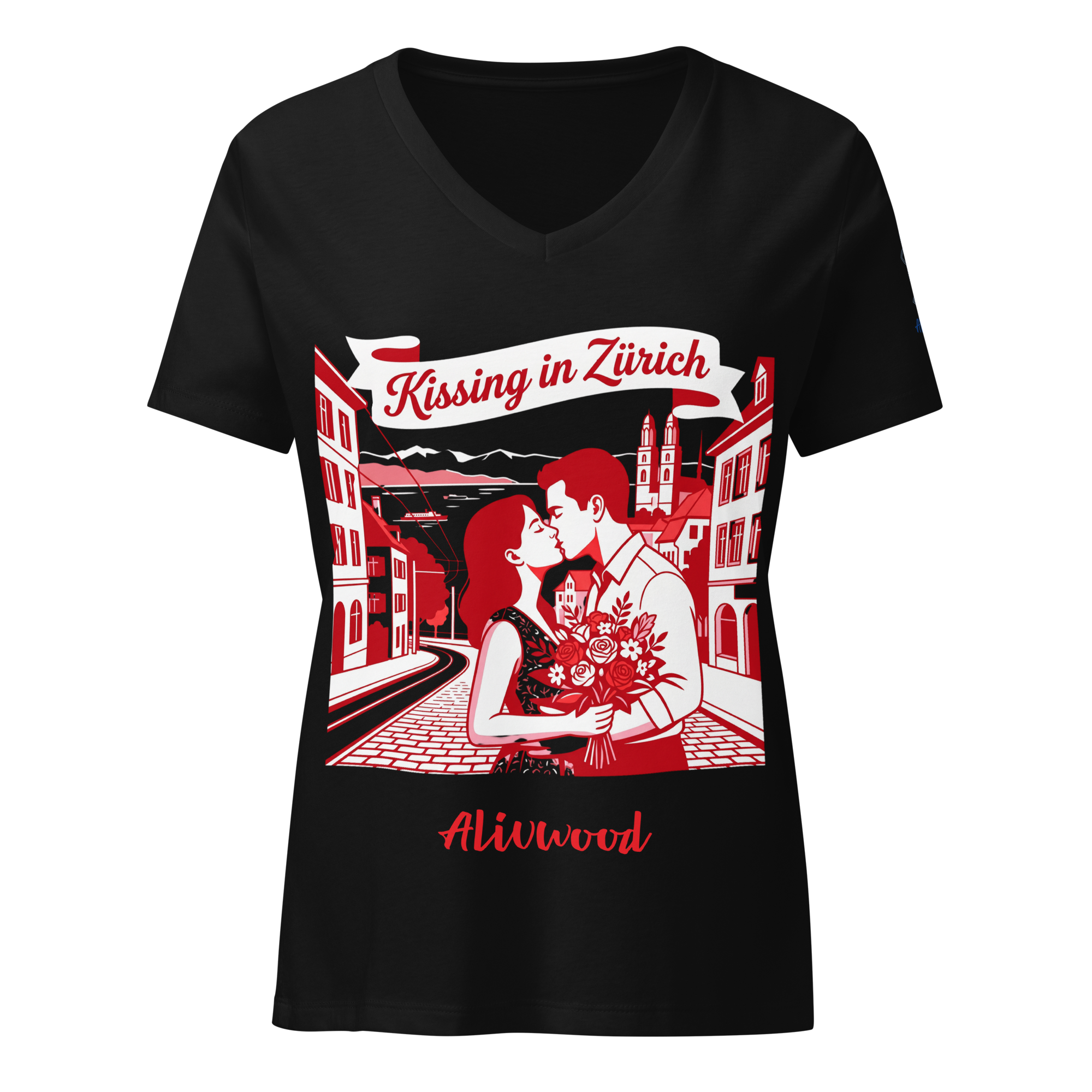 Kissing in Zurich Women’s relaxed v-neck t-shirt - Alivwood