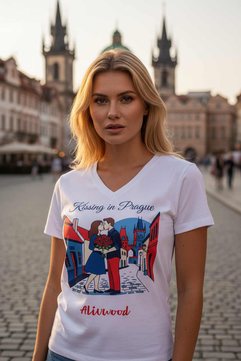 Kissing in Prague Women’s relaxed v-neck t-shirt - Alivwood