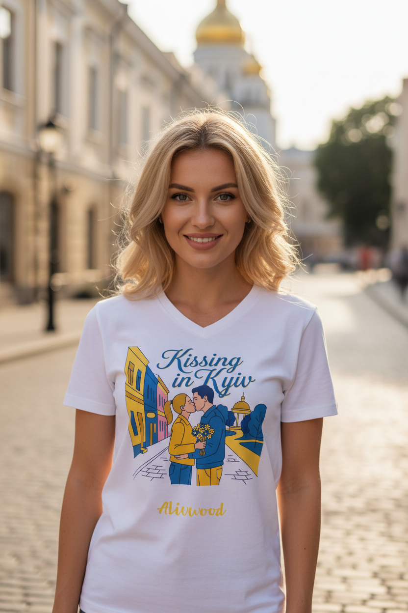 Kissing in Kyiv Women's relaxed v-neck t-shirt - Alivwood