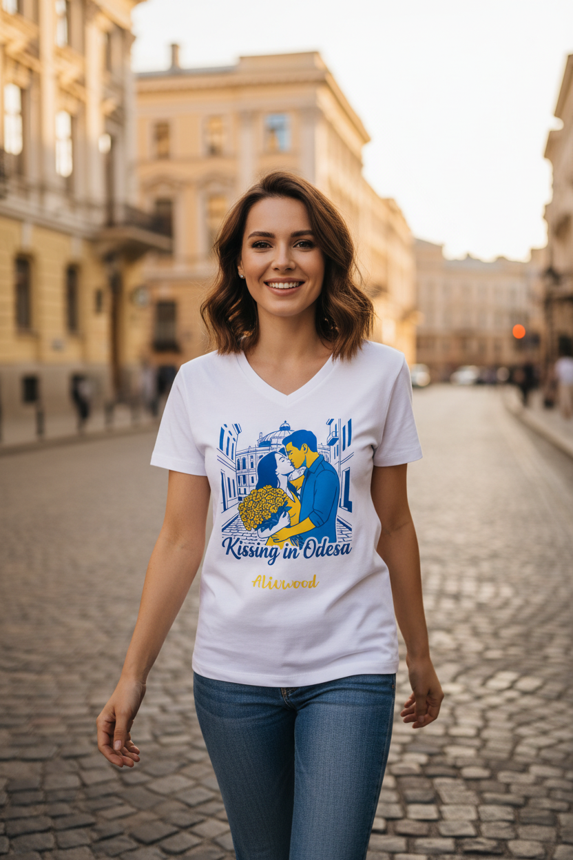 Kissing in Odesa Women’s relaxed v-neck t-shirt - Alivwood